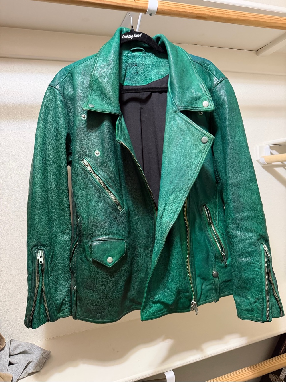 Free People M 100% Leather Kelly Green Moto Jaxket